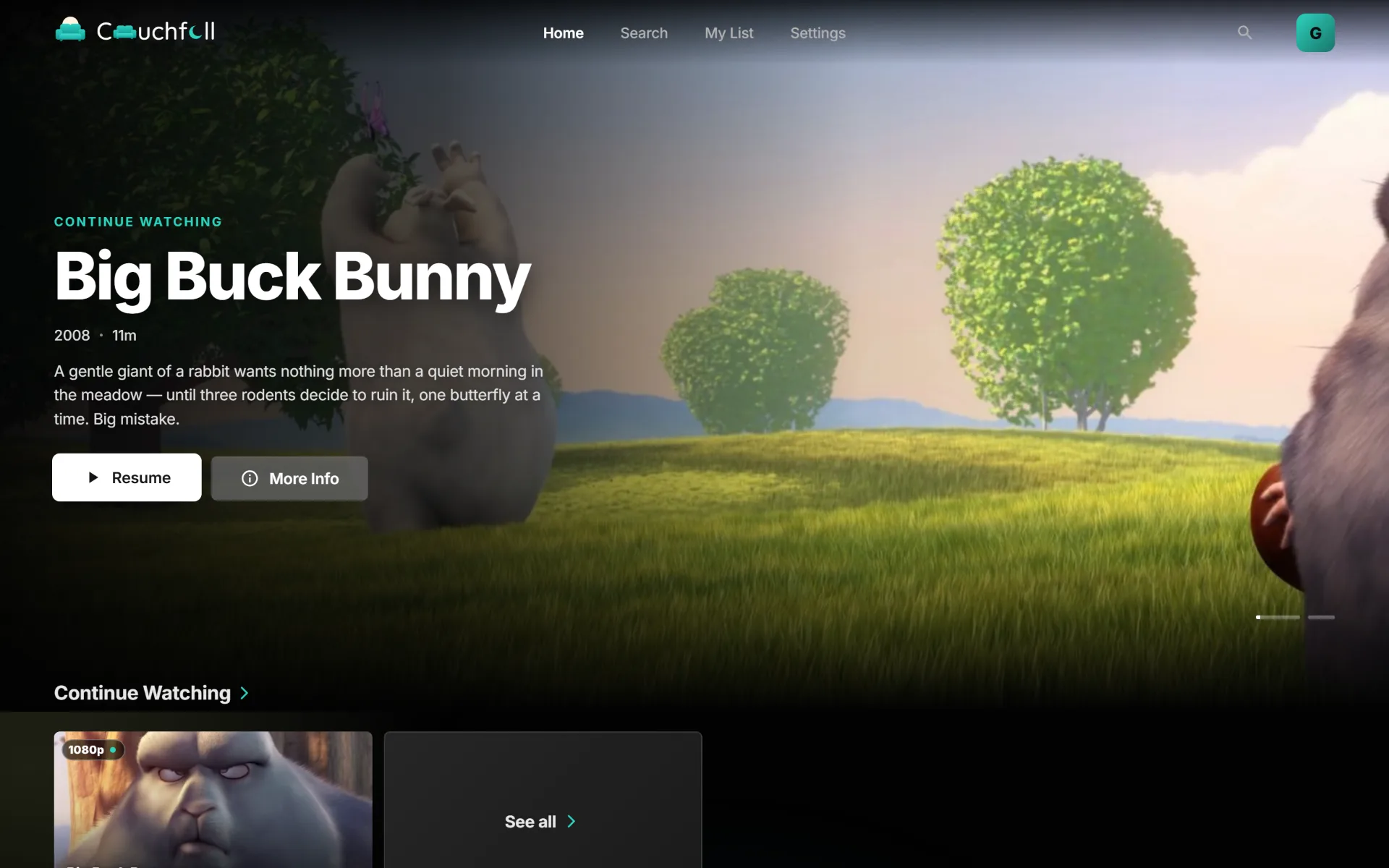 Couchfall's home screen: Big Buck Bunny featured, with a Resume button and a Continue Watching row