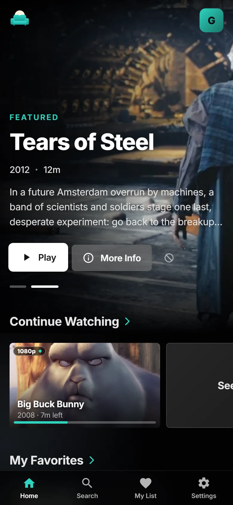 Couchfall on a phone: Tears of Steel featured, Continue Watching below and tabs along the bottom