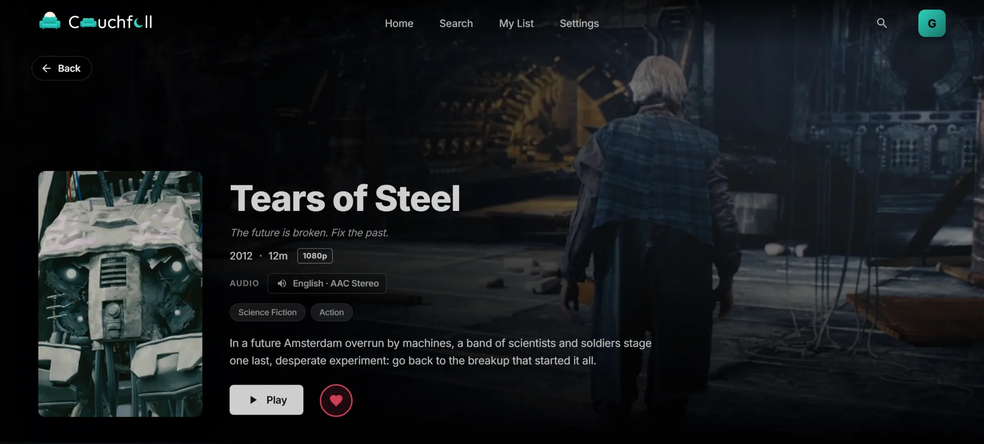 A title page in Couchfall: Tears of Steel, 1080p, with audio options, genres and a Play button